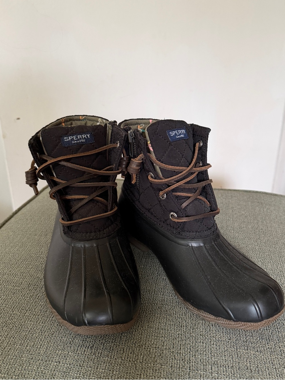 Take on These Rainy Days in Style with Sperry Black Duck Boots with Brown Laces